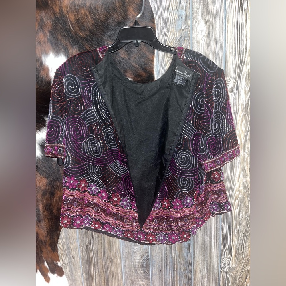 Laurence Kazar black 100% silk beaded pink and purple floral swirl top size 1X - Picture 7 of 7
